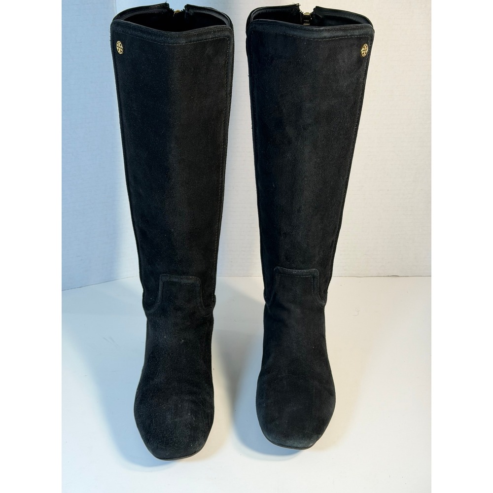 Tory Burch Black Suede Knee High Boots Gold Logo Rear Zip 6.5M 31128305